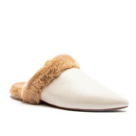 Faux Fur Lined Pointed Toe Mules in Off White - Picture 4 of 6